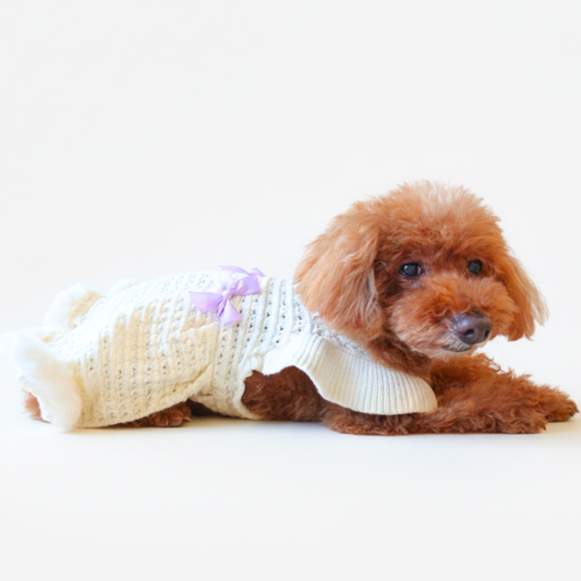 犬服 小型犬|リボンデザイン ニットフリルワンピース(ホワイト)