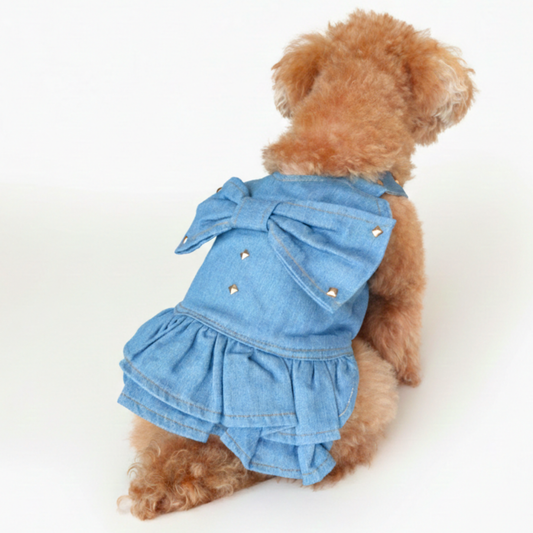 犬服 小型犬|デニム風リボンワンピース 上品スタッズ付きフリルデザイン