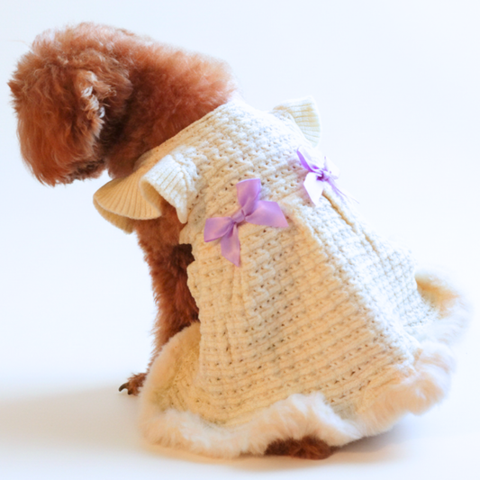 犬服 小型犬｜リボンデザイン ニットフリルワンピース（ホワイト）