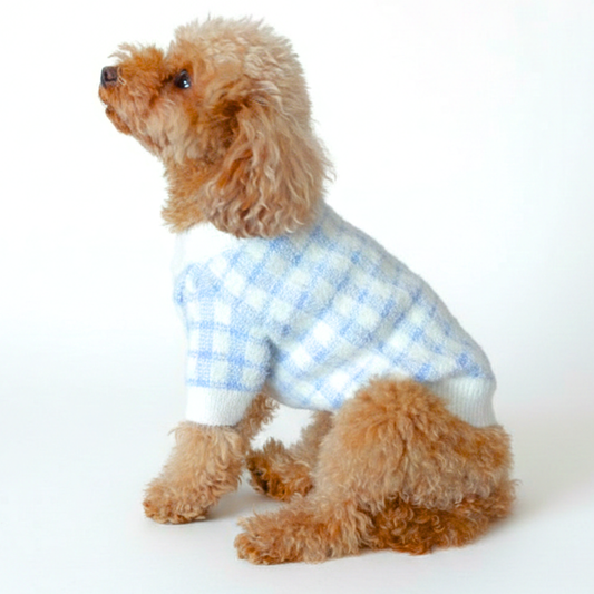 犬服 小型犬｜ギンガムチェック ニットカーディガン（ブルー）