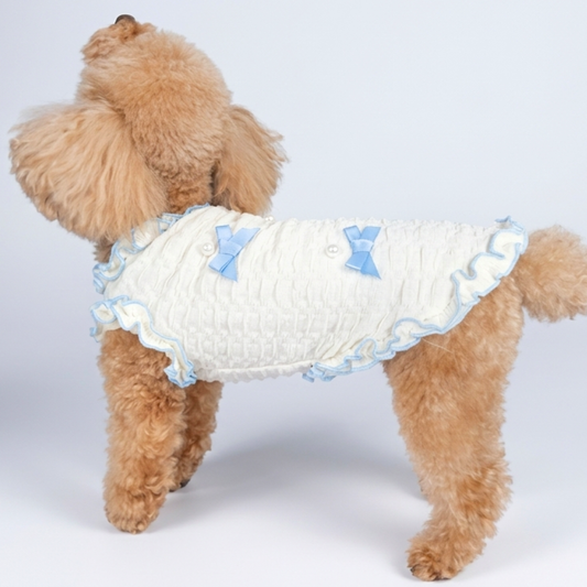 犬服 小型犬｜パールリボンフリルワンピース 上品ブルーリボンデザイン