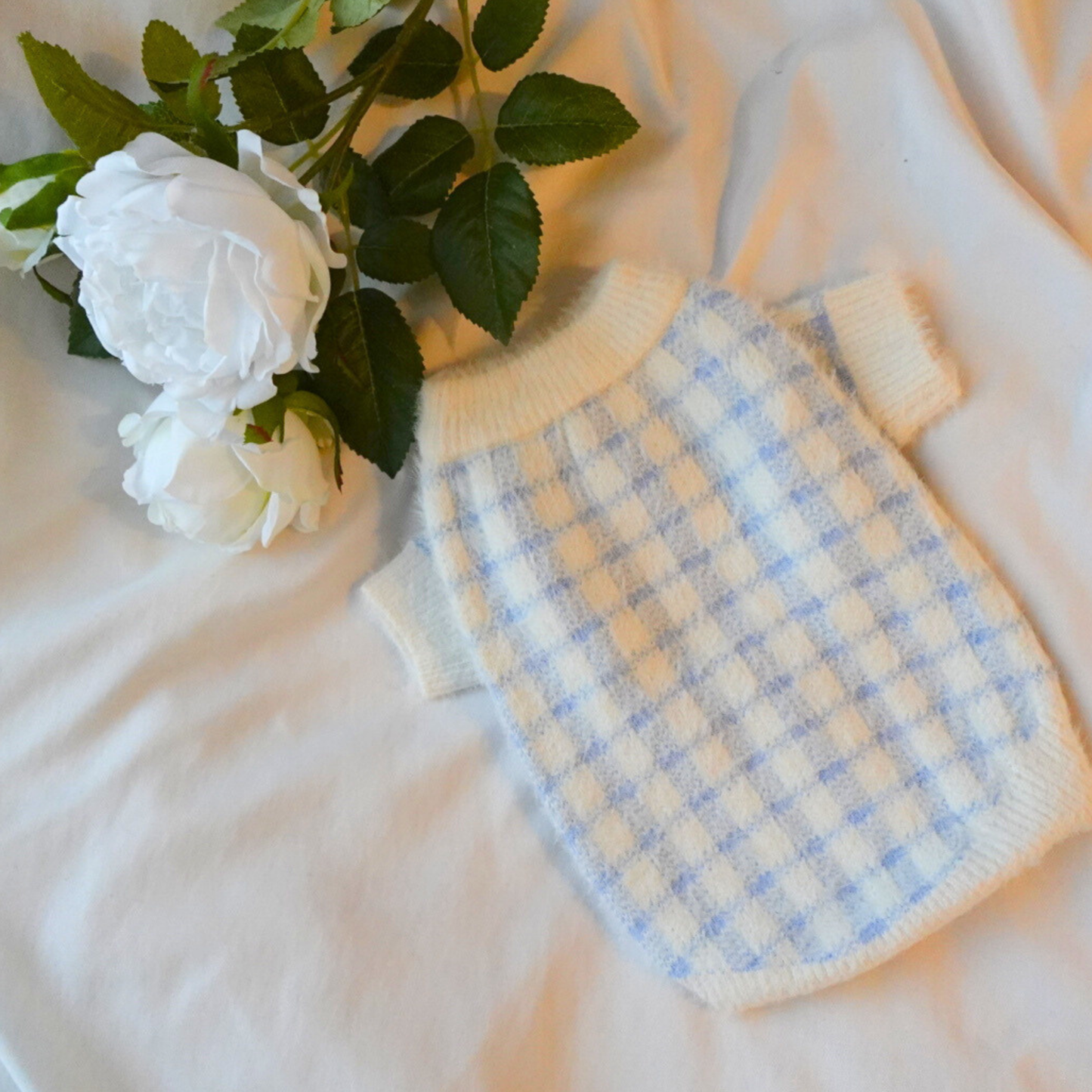 犬服 小型犬｜ギンガムチェック ニットカーディガン（ブルー）