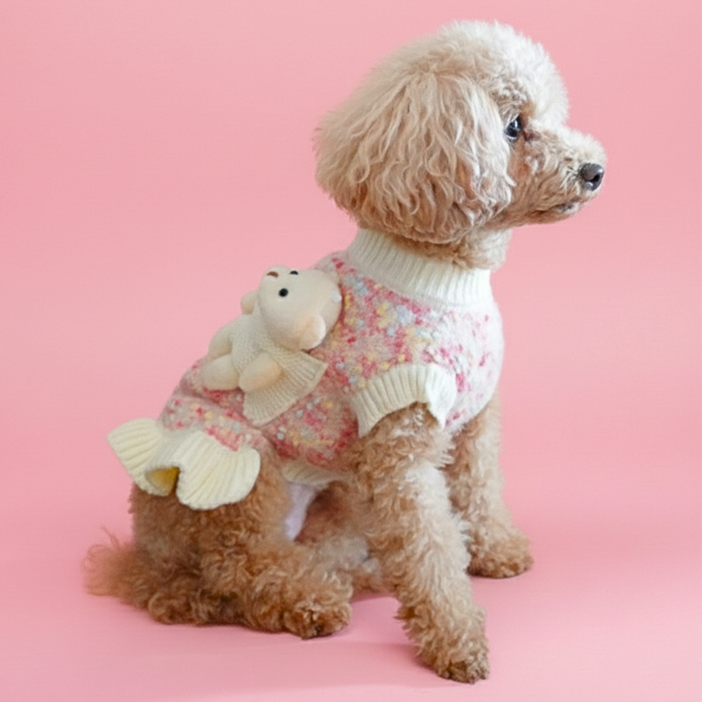 犬服 小型犬｜くまぬいぐるみ付き ガーリーニットフリルワンピース