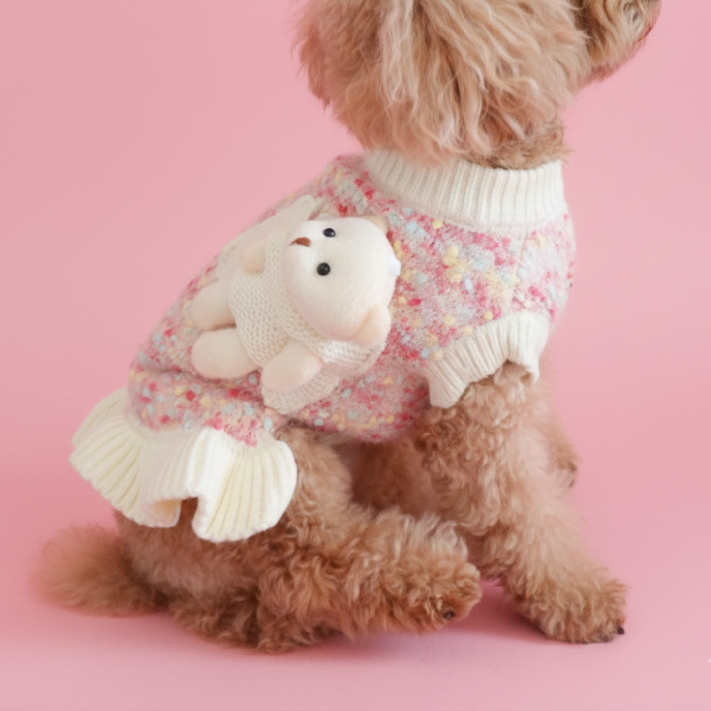 犬服 小型犬｜くまぬいぐるみ付き ガーリーニットフリルワンピース