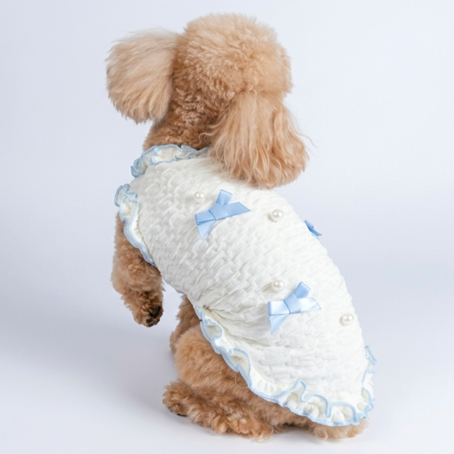 犬服 小型犬｜パールリボンフリルワンピース 上品ブルーリボンデザイン