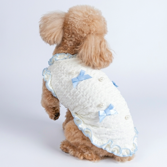 犬服 小型犬｜パールリボンフリルワンピース 上品ブルーリボンデザイン