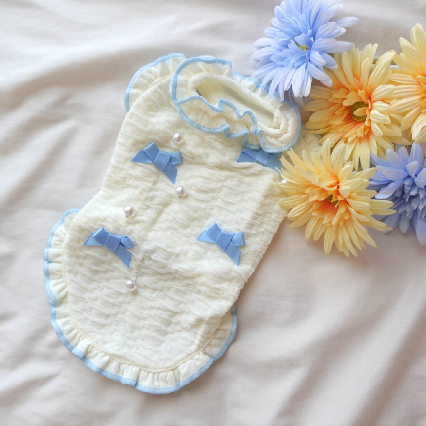 犬服 小型犬｜パールリボンフリルワンピース 上品ブルーリボンデザイン